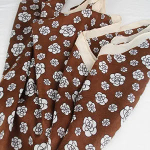 Brown camellia floral print cotton linen scarf elegant draped shawl for women daily wear