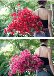 Realistic artificial bougainvillea branches in red and pink for elegant home decoration