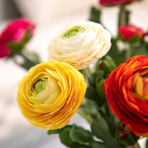 Fleurs artificielles de renoncules, bouquet multicolore pour déco maison et accessoires photo.