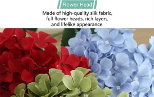 Macro view of realistic 3D printed silk hydrangea heads in various colors