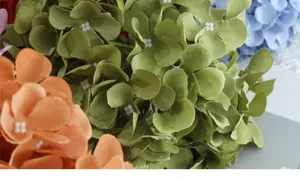 Close-up detail of 3D printed artificial green hydrangea petals for home decor