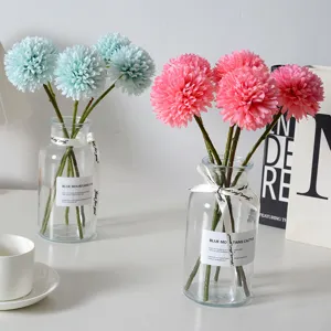Artificial Dandelion Chrysanthemum Ball Flowers Home Living Room Decor Glass Vase Set