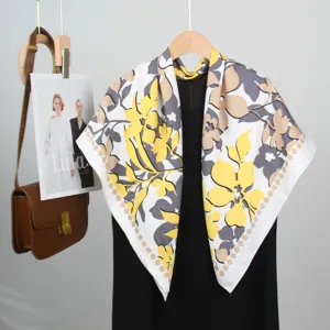 French floral silk satin square scarf 90cm elegant shawl wrap for women daily use.
