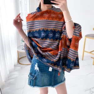 Vintage ethnic print cotton linen shawl beach scarf sun protection wrap for women