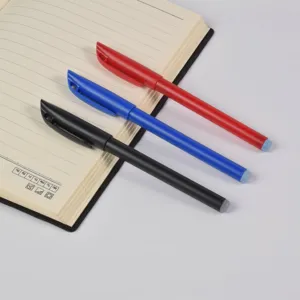 High-quality detailed view of red, blue, and black 0.5mm gel pens on a lined notebook
