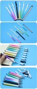 Primer plano de lápices ópticos 2 en 1 multifuncionales con puntas de disco y colores