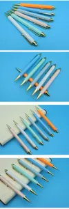 Detailed views of colorful hexagonal ballpoint pens with gold clips and tips.