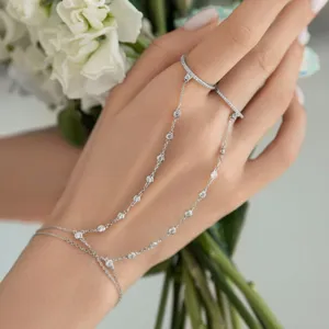 Hand Chain Bracelet Ring Geometric Round Link Chain Hand Harness Luxurious Rhinestone Inlaid Fashion Ring Linked Bracelet For Women