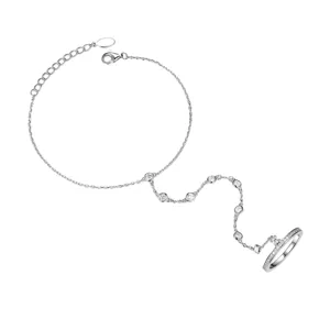 Elegant 925 sterling silver hand chain bracelet with ring and clear cubic zirconia