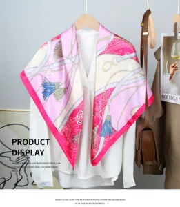 Elegant pink satin square scarf featuring a vintage French chain and tassel print design.