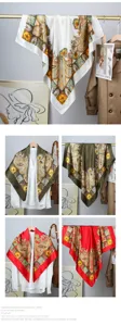 Detailed view of elegant paisley print satin square scarves in cream, green, and red colors