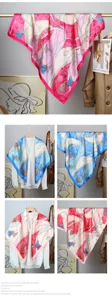 Detail view of retro French print satin square scarf with belt and tassel patterns