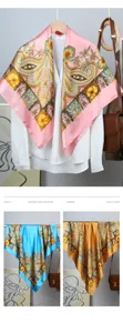 Detailed view of paisley printed satin scarves in pink, blue and gold colors.