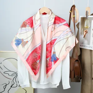 French Vintage Print Satin Square Scarf For Women Elegant Silk-Like Neck Shawl Tassel Chain Pattern Accessories