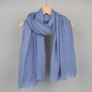 Soft solid blue cotton linen crinkled bubble scarf for women sun protection shawl