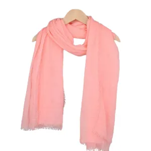 Elegant solid pink cotton linen scarf with frayed edges for women sun protection hijab