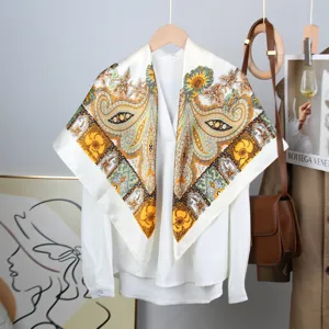 Elegant 90cm paisley printed satin square scarf displayed on a minimalist white blouse