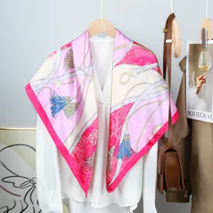 Elegant vintage French print 90cm satin square scarf with chic chain and tassel pattern