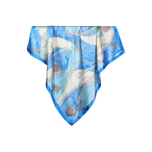 Elegant French print satin square scarf 90x90cm with vintage blue paisley pattern