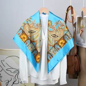 90cm elegant blue paisley printed satin square scarf for women in retro professional style