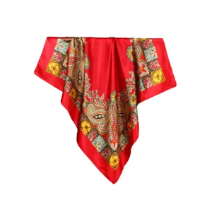 Red paisley printed satin square scarf for women, elegant retro style 90x90cm shawl