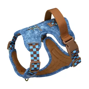 Detail view of denim dog harness with blue brown checkered straps and mesh lining
