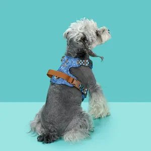Vintage denim dog harness featuring checkered pattern and anti-pull design shown on dog