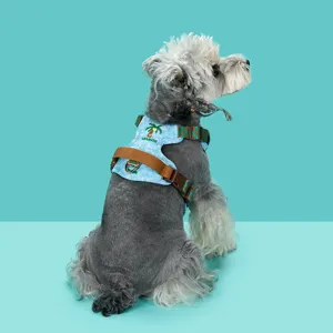 Detailed view of the retro denim pet harness with palm tree embroidery