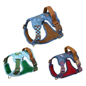 Detailed view of three vintage denim pet dog harnesses with checkered straps and handles