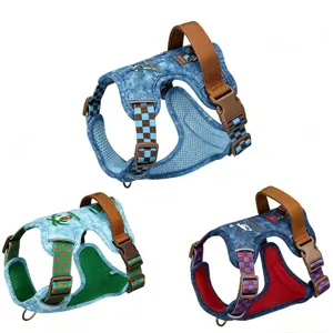 Retro Preppy Denim No Pull Dog Harness Escape Proof Comfortable Breathable Embroidered Checkerboard Pet Chest Vest For Outdoor Walking Small Medium Dogs