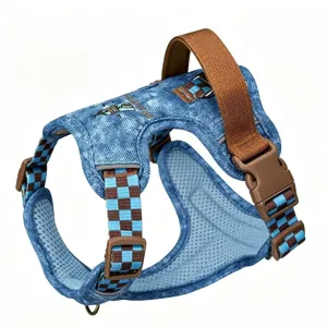 Retro denim dog harness with blue checkerboard straps and breathable mesh lining