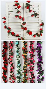 Detailansicht künstlicher Rosenranken in verschiedenen Farben für Hochzeit und Deko