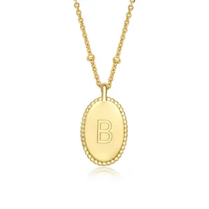 Elegante collana in argento S925 con ciondolo ovale dorato e lettera B incisa per donna