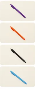 Detailed view of colorful 0.5mm retractable gel pens in matte purple, orange, black and blue