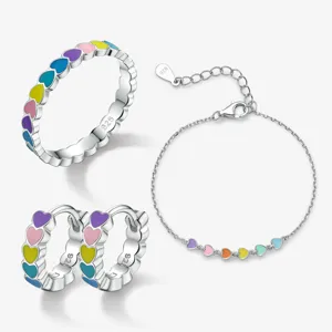 925 Sterlingsilber Macaron Emaille Herz Schmuckset Für Damen Minimalistisch Süß Bunt Herz Creolen Armband Ring Set Schmuck Geschenk