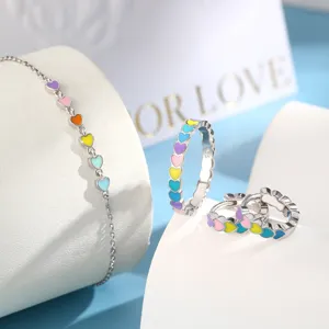 925 Sterlingsilber Schmuckset mit bunten Herz-Emaille Armband und Ohrringen
