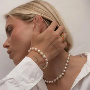 Conjunto de collar y pulsera de perlas neón de plata S925 con cuentas de colores