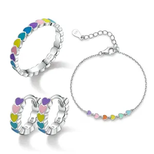 925 Sterling Silber Schmuckset mit bunten Herz-Emaille-Ring Armband und Ohrringen