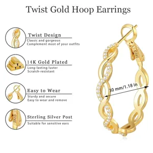 Detailed view of twisted gold hoop earrings with 14K gold plating and s925 silver post.