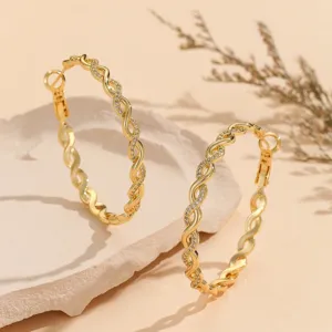 Macro view of gold-plated twisted hoop earrings featuring micro-paved zircon details.
