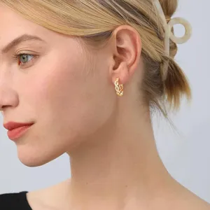 Detailed close-up of gold twisted hoop earrings with sparkling cubic zirconia on model