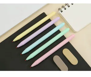 Collection of five macaron pastel colored retractable gel pens on a notebook background