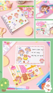 Detailed macro view of cute DIY journaling stickers and decorative postcards