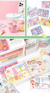 Detailed view of cute cartoon girl stickers applied to stationery and water cups in a pink theme.