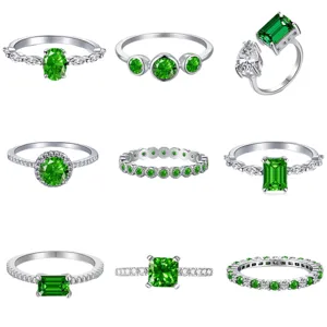 Juego de anillos de plata de ley S925 con diamantes verde esmeralda para mujer elegante