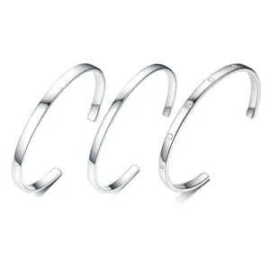 Minimalist 925 sterling silver open cuff bangles with polished finish and stones.