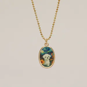Close-up detail of Van Gogh Starry Night dog art pendant on gold ball chain necklace