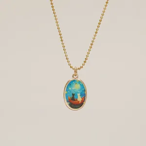 Detailed macro view of luminous Van Gogh Starry Night oval pendant with cats on a boat