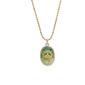 Vintage cat portrait time gem pendant necklace with golden ball chain for women