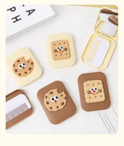 Adorable juego de espejo de maquillaje portátil con forma de galleta y peine plegable